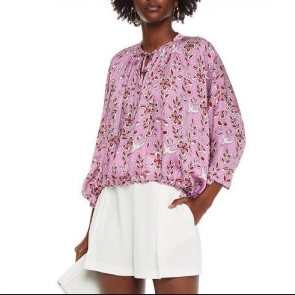 Rhode Helene Gathered Printed Crepe de Chine Blouse in Lavender, medium